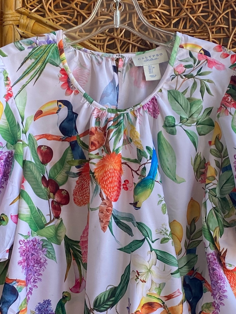Calypso Bird Garden-Print Puff-Sleeve Blouse New